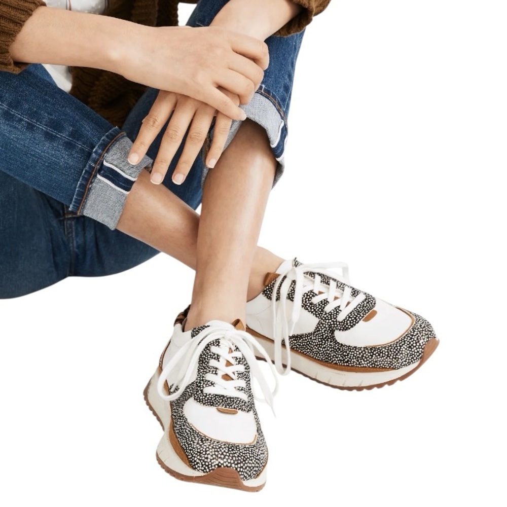 Madewell Kickoff Trainer Animal Leopard Calf Hair White Leather Sneakers - 8